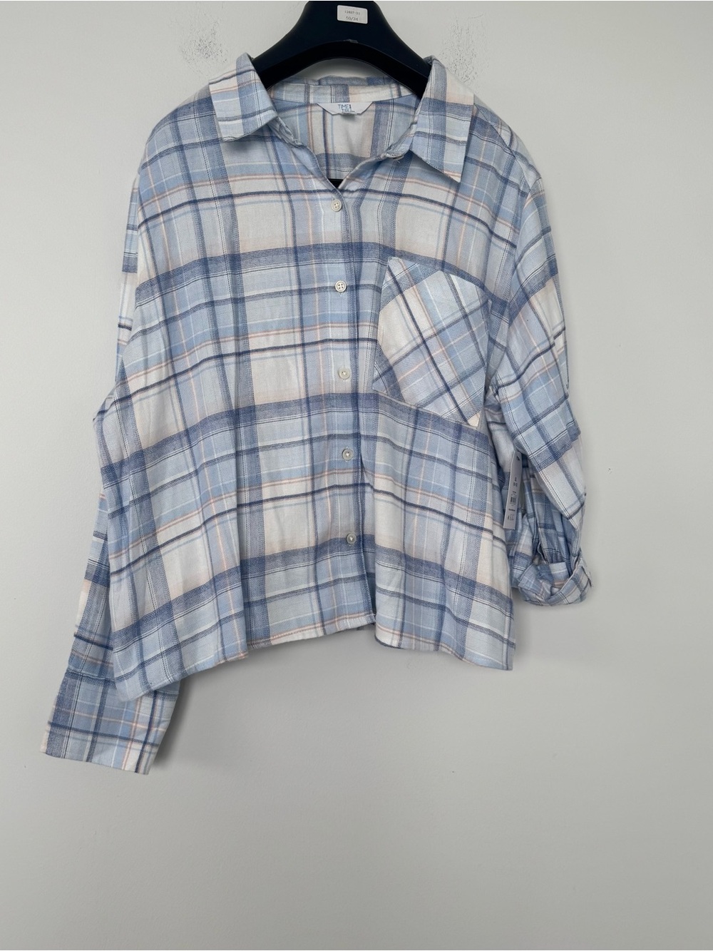 NWT Women Plaid Button Down Shirt XL 16-18 Blue Layering Flannel Roll Sleeve